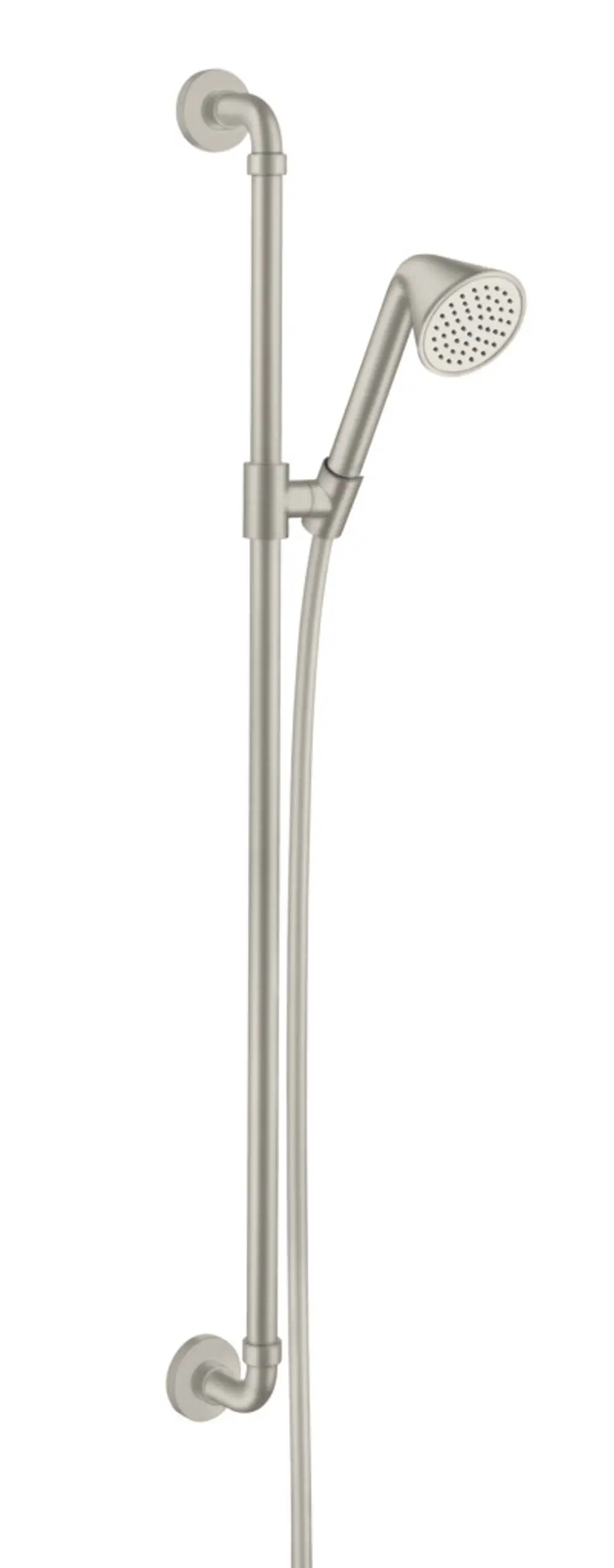 Handbrause mit Halterung und Schlauch, aus Edelstahl in mattem Finish, montiert an einem vertikalen Stangensystem. Produkt von AXOR.